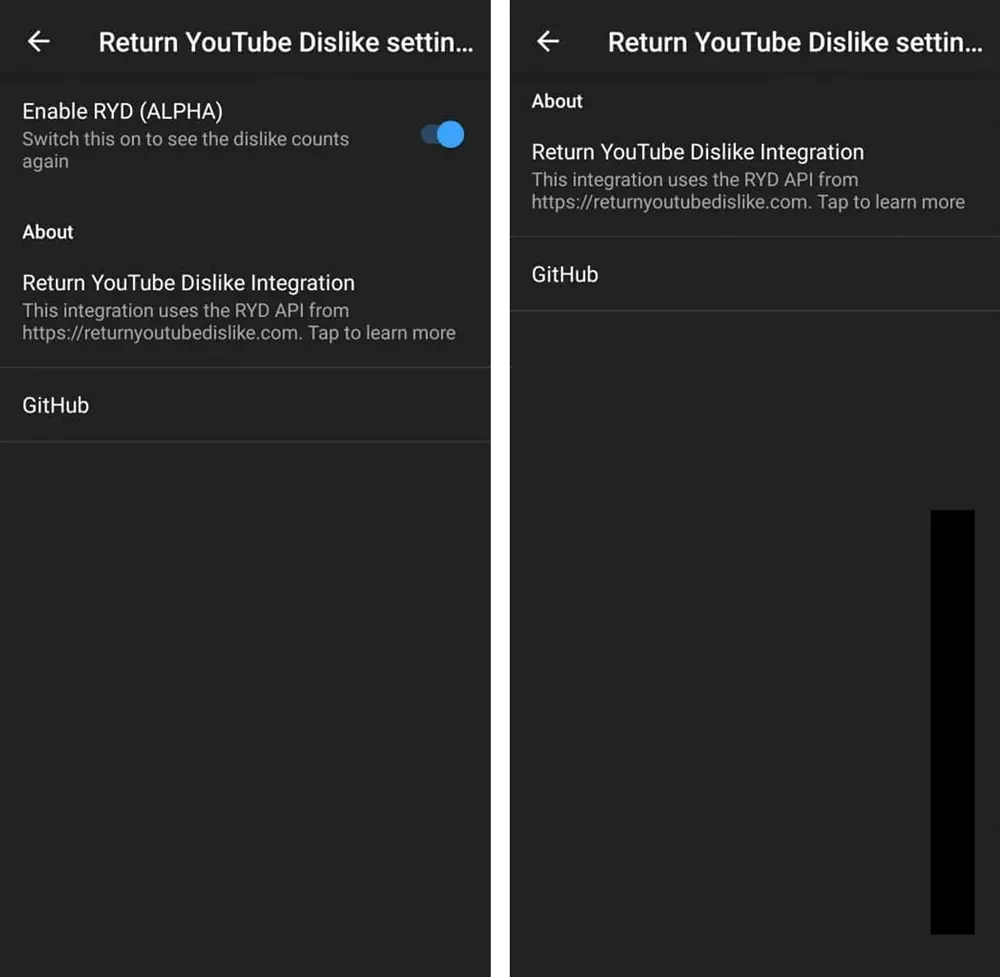 YouTube Vanced Return Dislike Settings