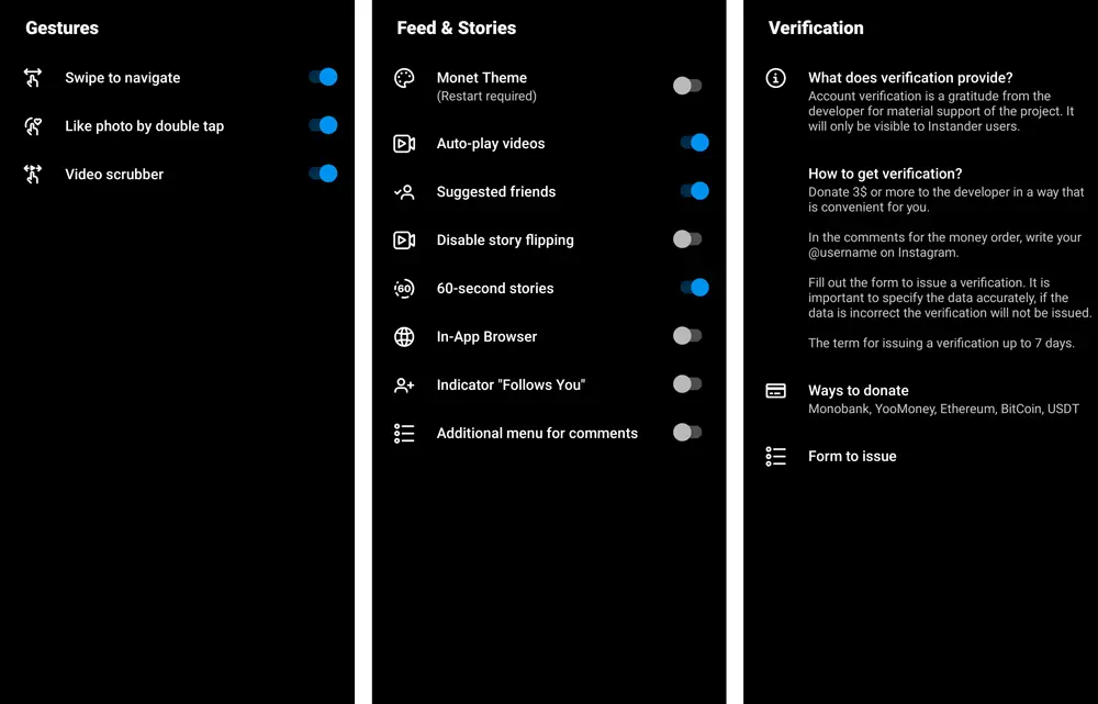 Instander Developer Settings